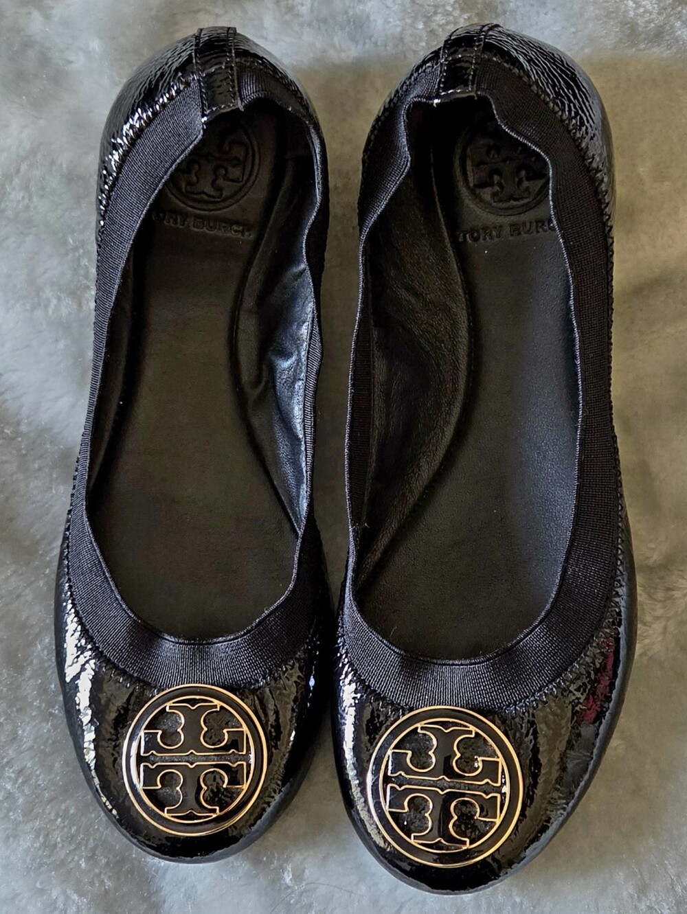 Tory Burch Black Patent Logo Ballet Flats with Gold Medallion